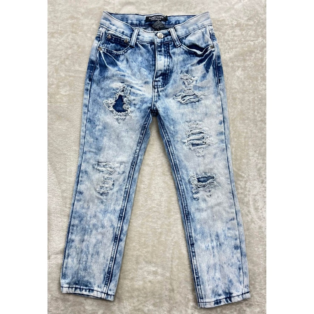 Sacred Crown Boys Distressed Acid Wash Jeans Light Blue Ripped Denim Size 7